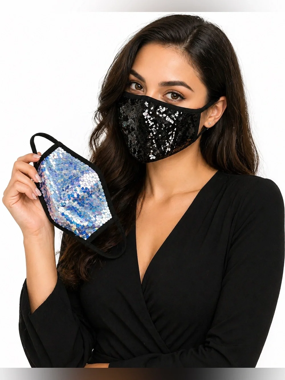 2PC Sequin Face Mask Black & Silver Glitter Fashion Mask New